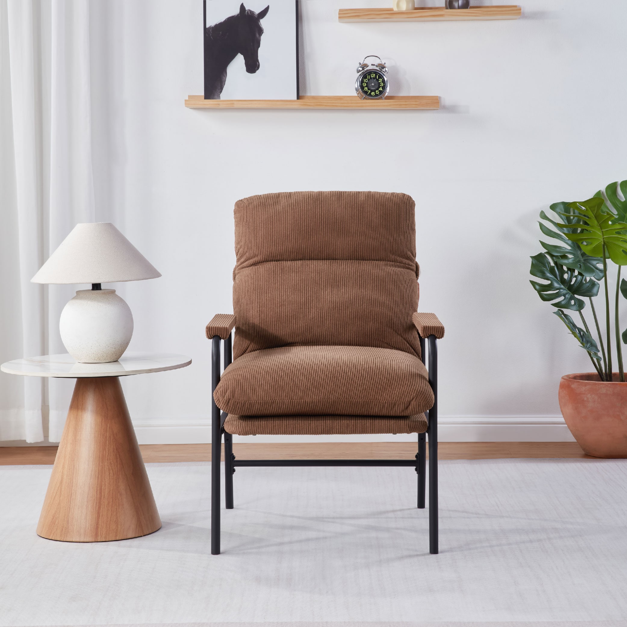 Modern Accent Chair, Reclining Chair With Adjustable Backrest, Corduroy Chair With Metal Frame, Reading Chair, Comfy Lounge Chair For Living Room, Bedroom, Office, Brown_voghion.com